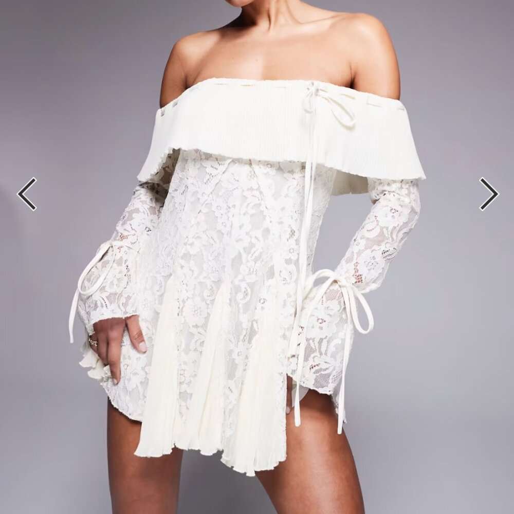 ASOS Murci exclusive lace bardot fit and flare godet detail mini dress in cream